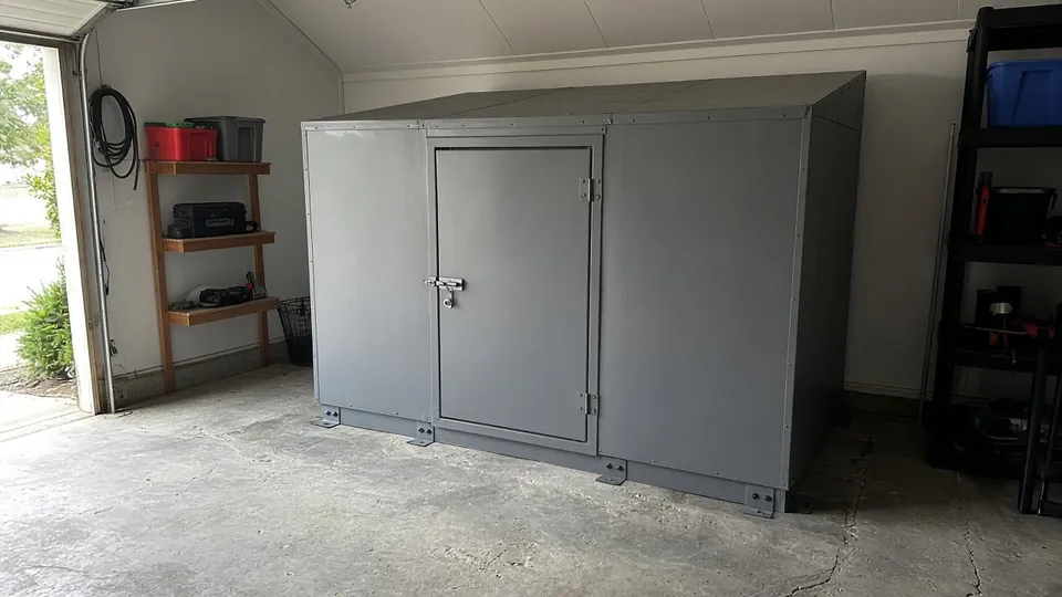 Above-ground steel storm shelter anchored to a garage floor
